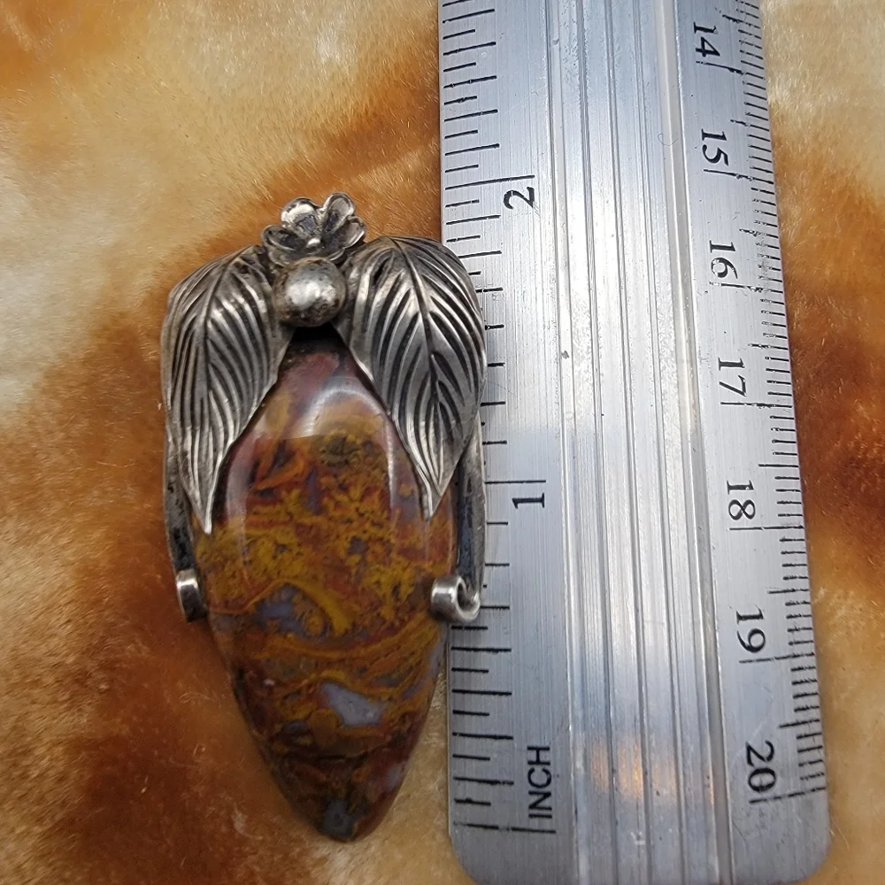 Vintage 925 Sterling Silver Unsigned Moss Mexican Fire Agate Large  Pendant #179